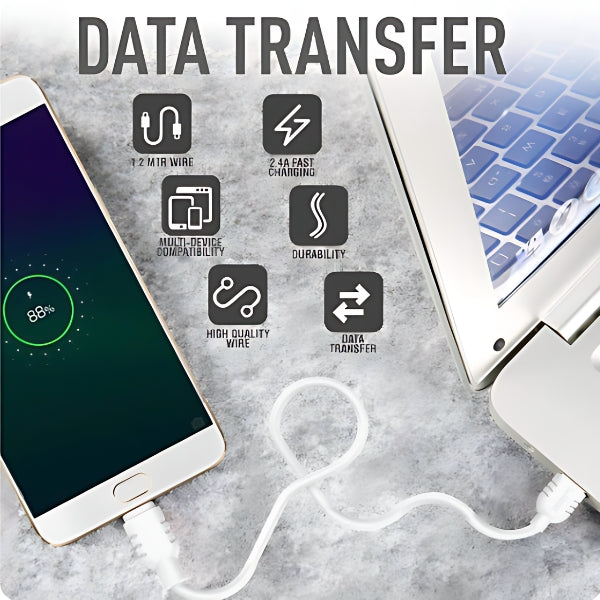 25W Fast Charging USB V8 Cable - 3.6A Data Transfer 1M White