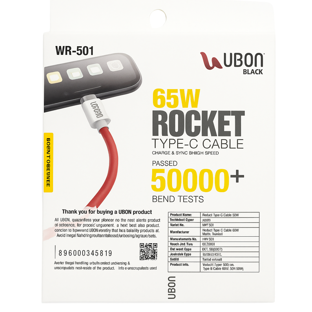 65W Rocket Type-C Cable WR-501 Fast Charging 1.8 Meter Red USB-C Data