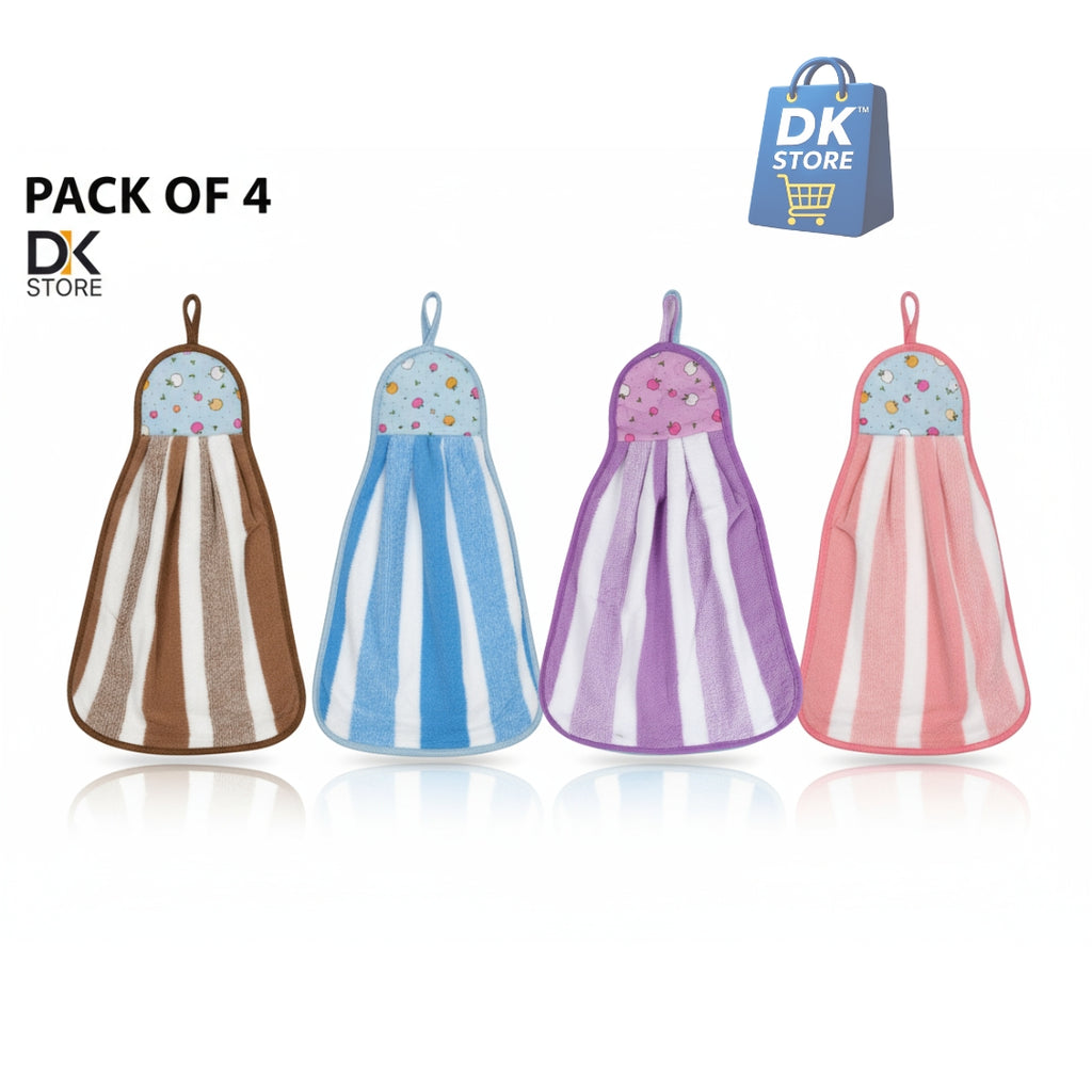 Microfiber Kitchen Towel with Loop - 38x28cm Quick Dry - Blue, Brown, Pink, Purple ( Pack of 4)