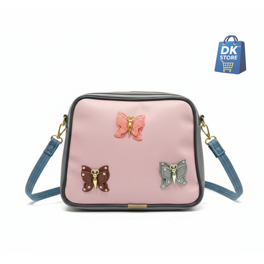 Pink Butterfly Crossbody Bag for Girl, Women - Dual Compartment Sling Bag with Adjustable Strap | Ladies Shoulder Handbag