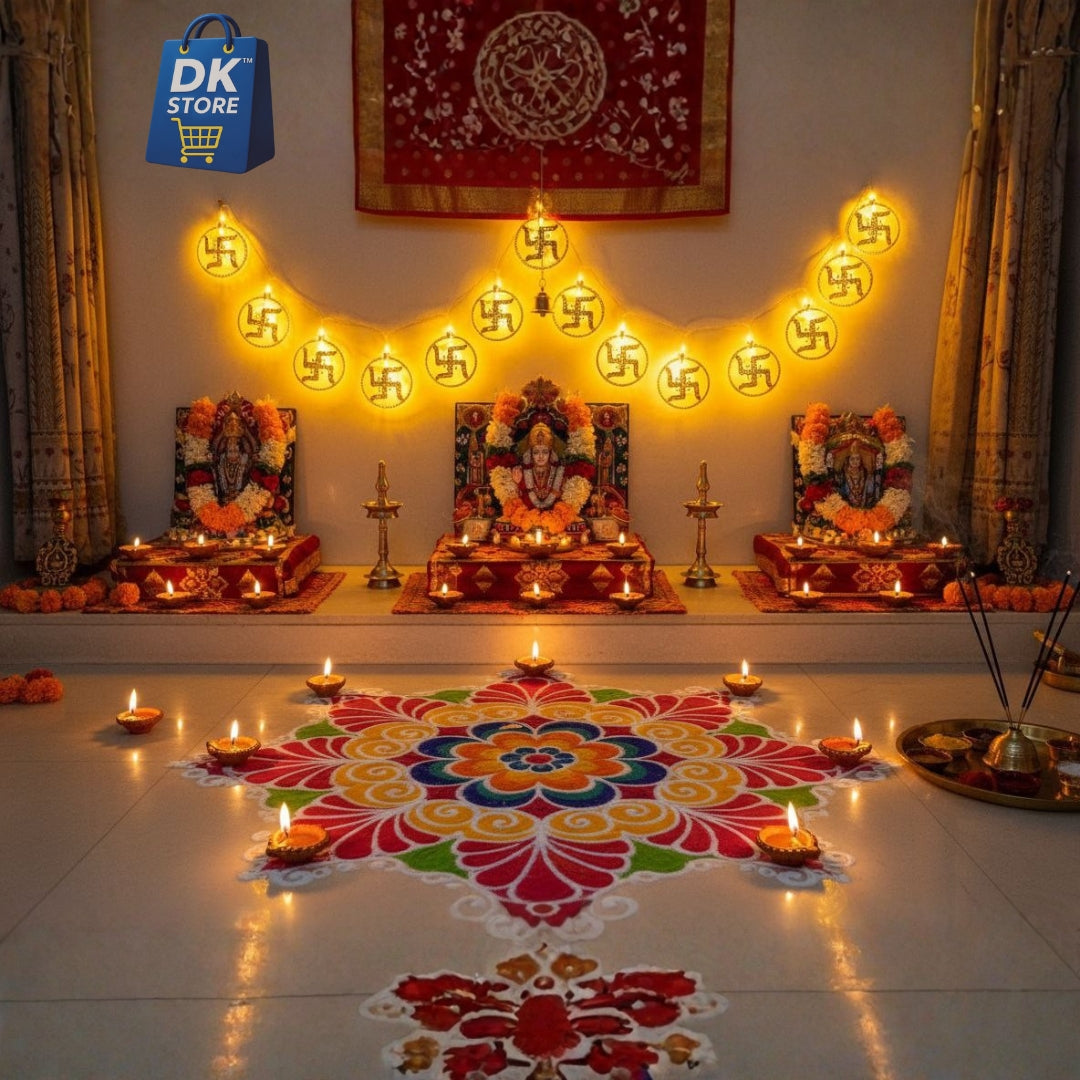 Golden LED Decorative Garland 10 Meter - Swastik Design String Lights with 10 Pieces | Diwali Christmas Festival Decoration