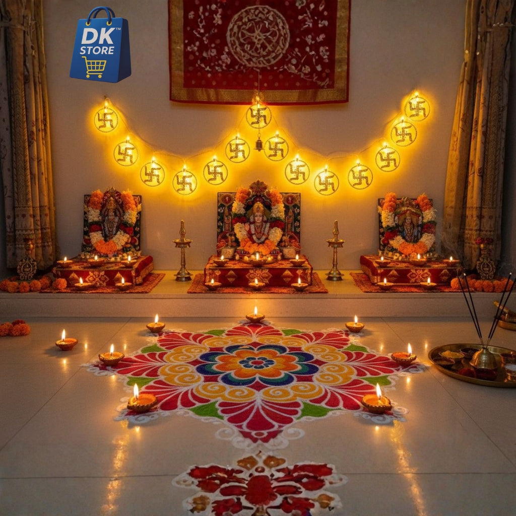 Golden LED Decorative Garland 10 Meter - Swastik Design String Lights with 10 Pieces | Diwali Christmas Festival Decoration