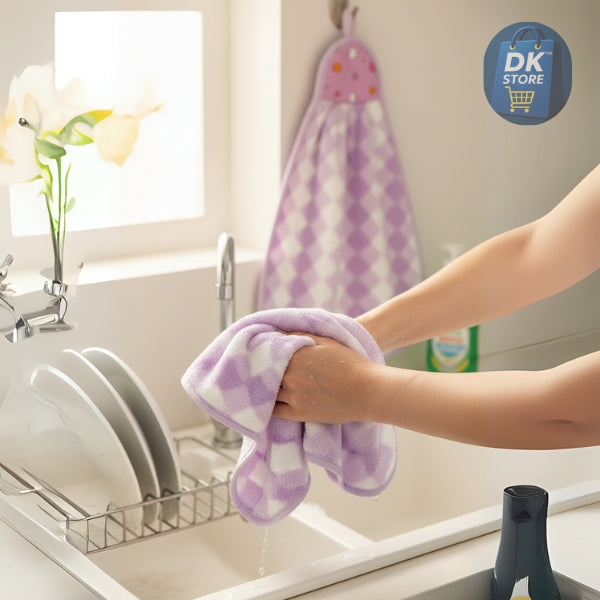 Microfiber Kitchen Towel with Loop - 38x28cm Quick Dry - Blue, Brown, Pink, Purple ( Pack of 4)