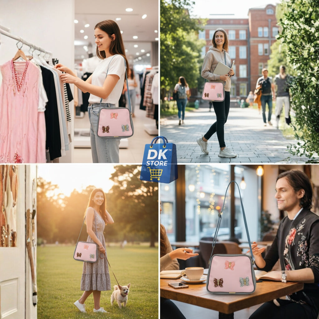 Pink Butterfly Crossbody Bag for Girl, Women - Dual Compartment Sling Bag with Adjustable Strap | Ladies Shoulder Handbag