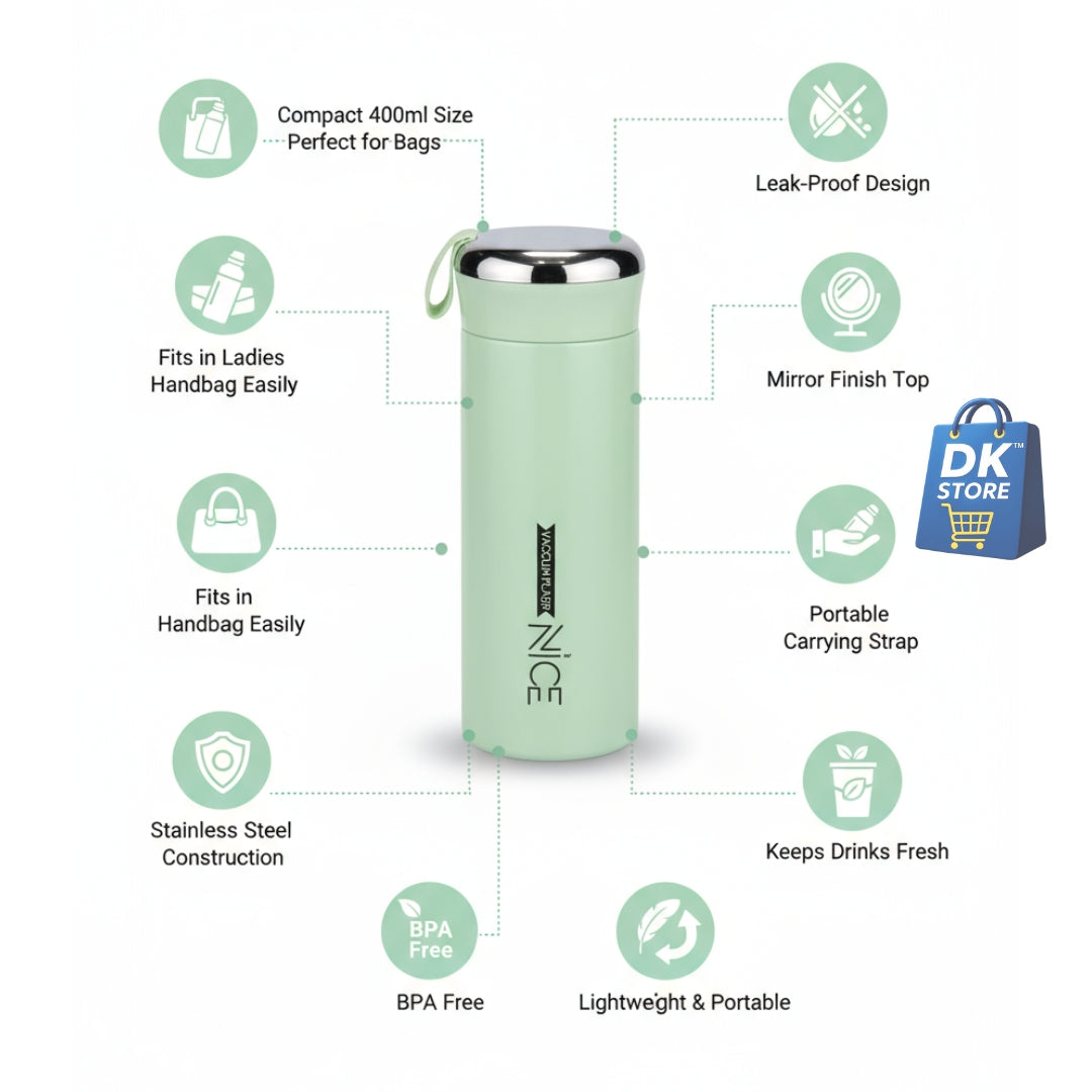 400ml Plastic Water Bottle - Compact Mint Green Bottle with Mirror Top & Strap | BPA Free Leak-Proof Portable