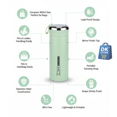 400ml Plastic Water Bottle - Compact Mint Green Bottle with Mirror Top & Strap | BPA Free Leak-Proof Portable
