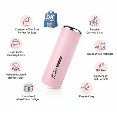 400ml Plastic Water Bottle - Compact Pink Bottle with Mirror Top & Strap | BPA Free Leak-Proof Portable