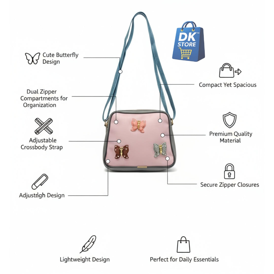 Pink Butterfly Crossbody Bag for Girl, Women - Dual Compartment Sling Bag with Adjustable Strap | Ladies Shoulder Handbag