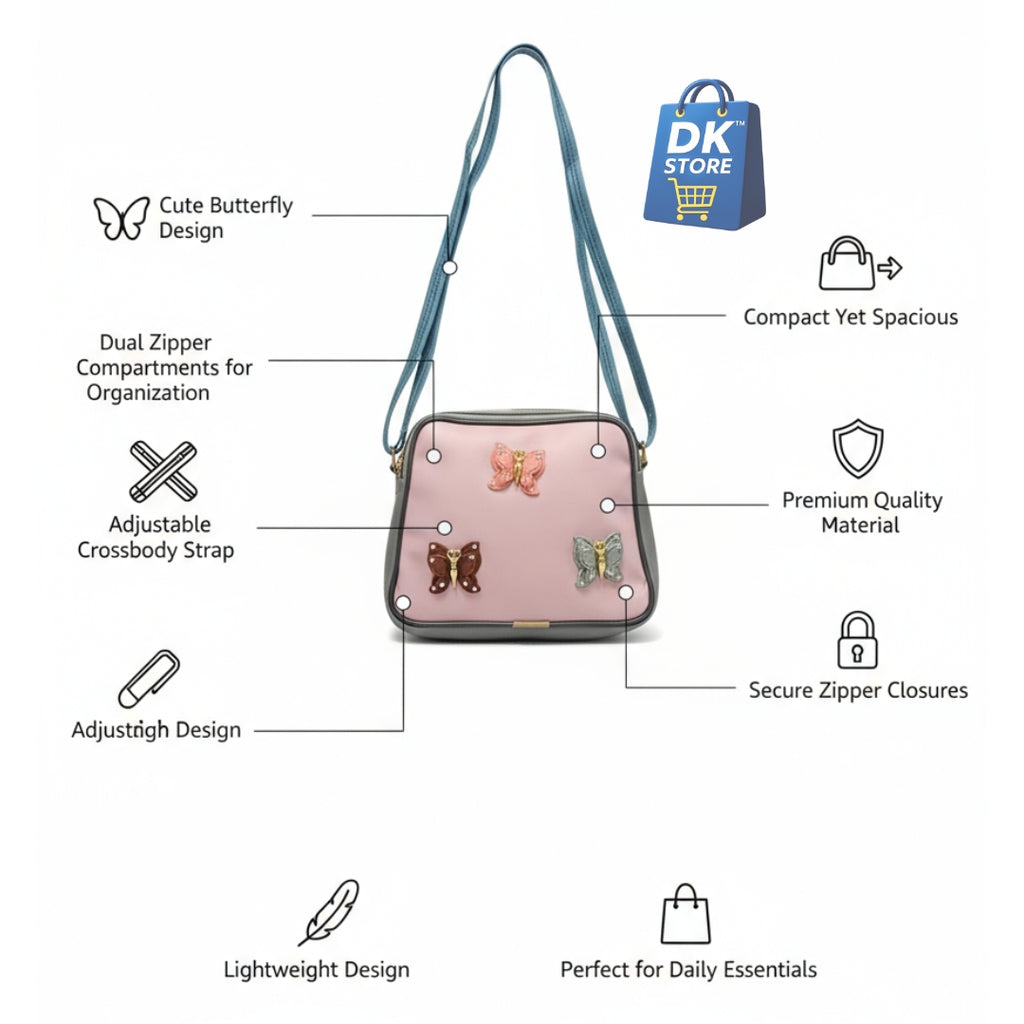 Pink Butterfly Crossbody Bag for Girl, Women - Dual Compartment Sling Bag with Adjustable Strap | Ladies Shoulder Handbag