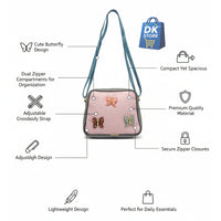 Pink Butterfly Crossbody Bag for Girl, Women - Dual Compartment Sling Bag with Adjustable Strap | Ladies Shoulder Handbag