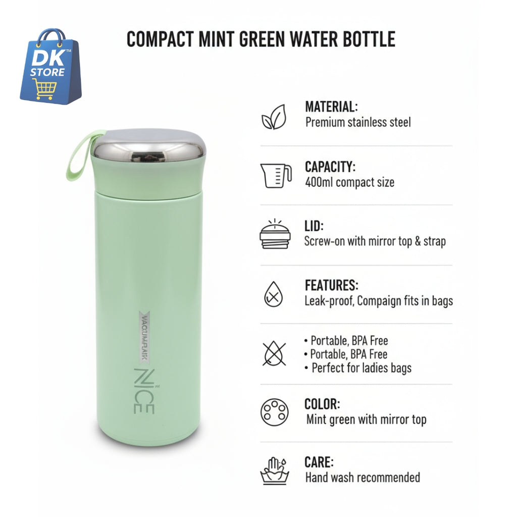 400ml Plastic Water Bottle - Compact Mint Green Bottle with Mirror Top & Strap | BPA Free Leak-Proof Portable