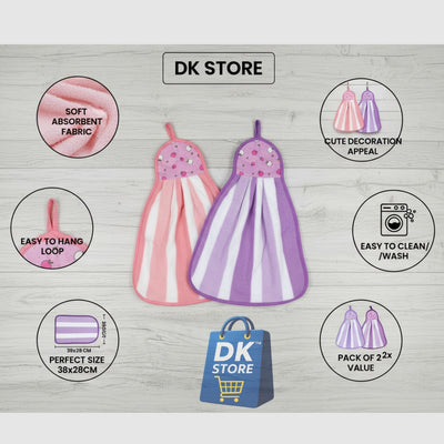 Microfiber Kitchen Towel with Loop - 38x28cm Quick Dry - Pink, Purple ( Pack of 2)