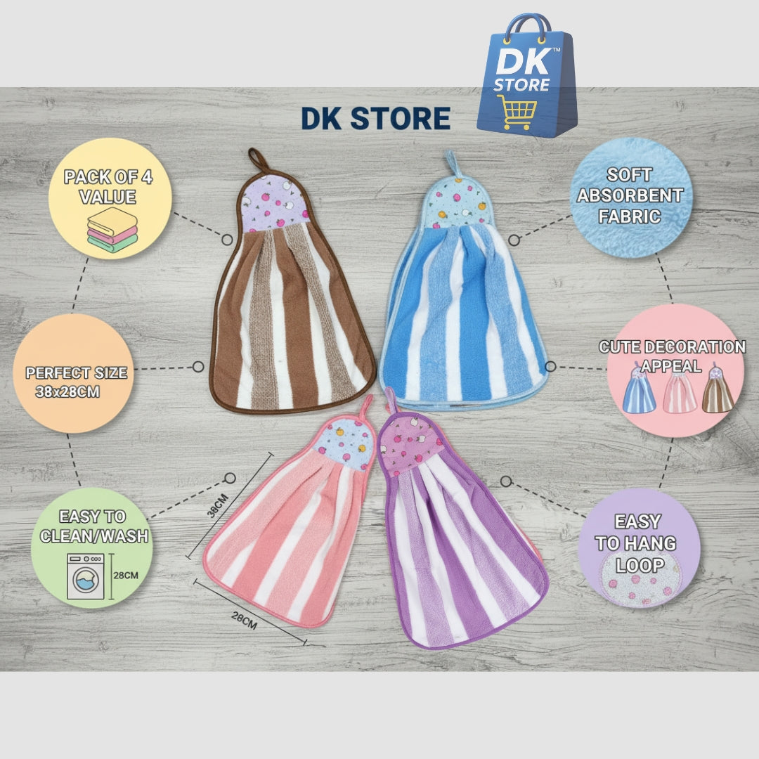 Microfiber Kitchen Towel with Loop - 38x28cm Quick Dry - Blue, Brown, Pink, Purple ( Pack of 4)