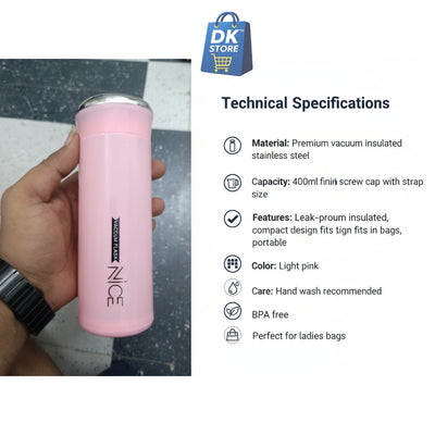 400ml Plastic Water Bottle - Compact Pink Bottle with Mirror Top & Strap | BPA Free Leak-Proof Portable