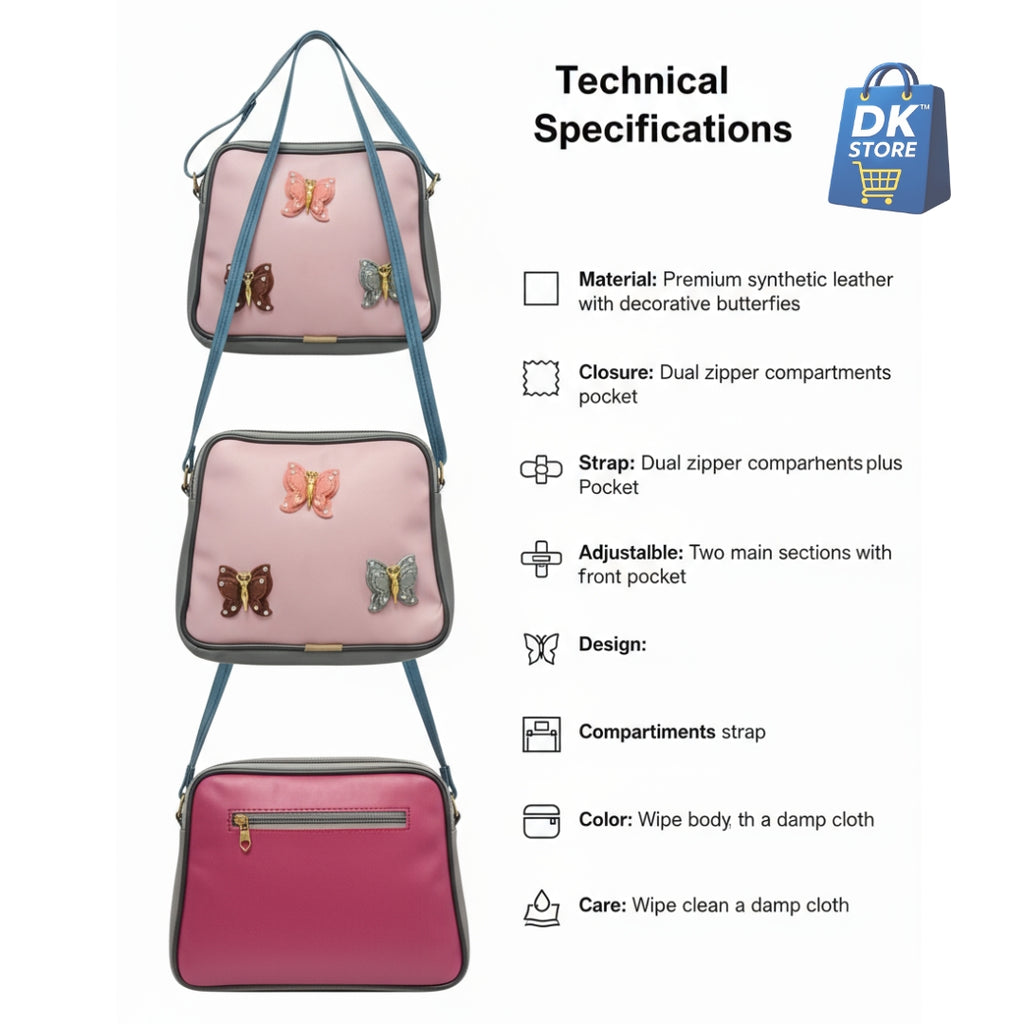 Pink Butterfly Crossbody Bag for Girl, Women - Dual Compartment Sling Bag with Adjustable Strap | Ladies Shoulder Handbag