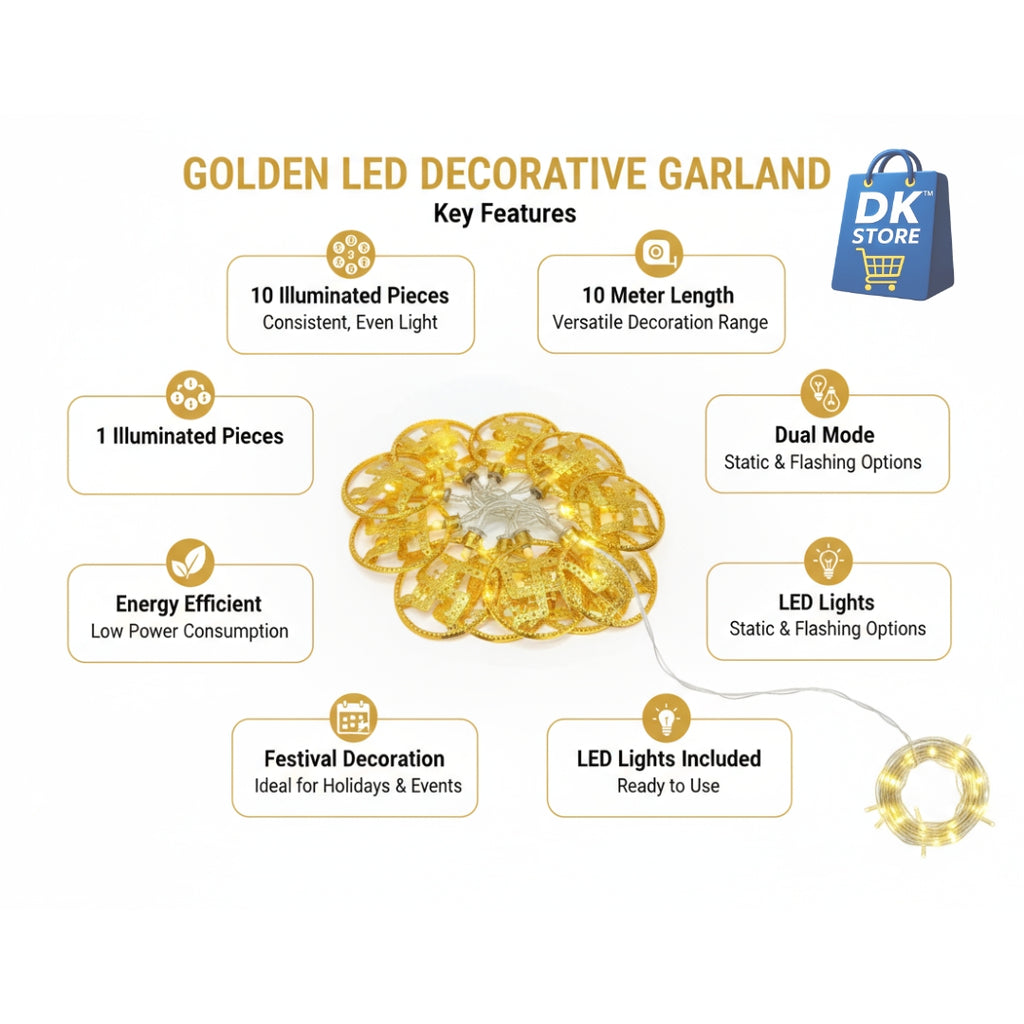Golden LED Decorative Garland 10 Meter - Swastik Design String Lights with 10 Pieces | Diwali Christmas Festival Decoration