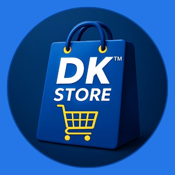 Blue shopping bag with DK Store logo and shopping cart icon on a blue background