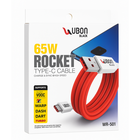 65W Rocket Type-C Cable WR-501 Fast Charging 1.8 Meter Red USB-C Data