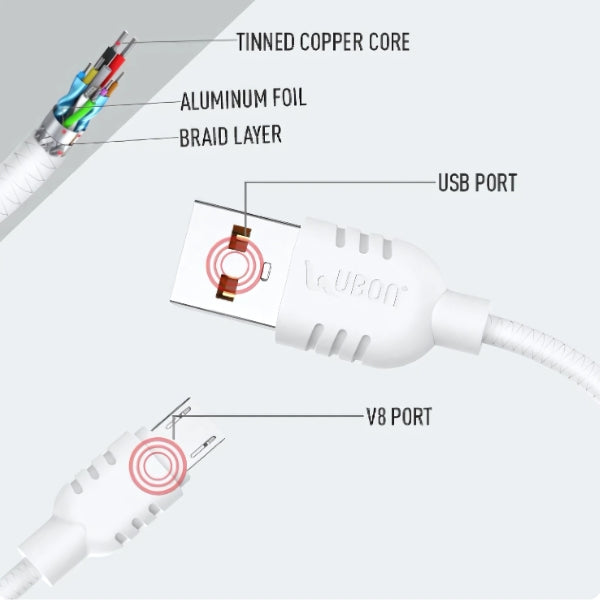 UBON WR-550 V8 USB Charging Cable Fast Durable Tangle-Free Micro USB